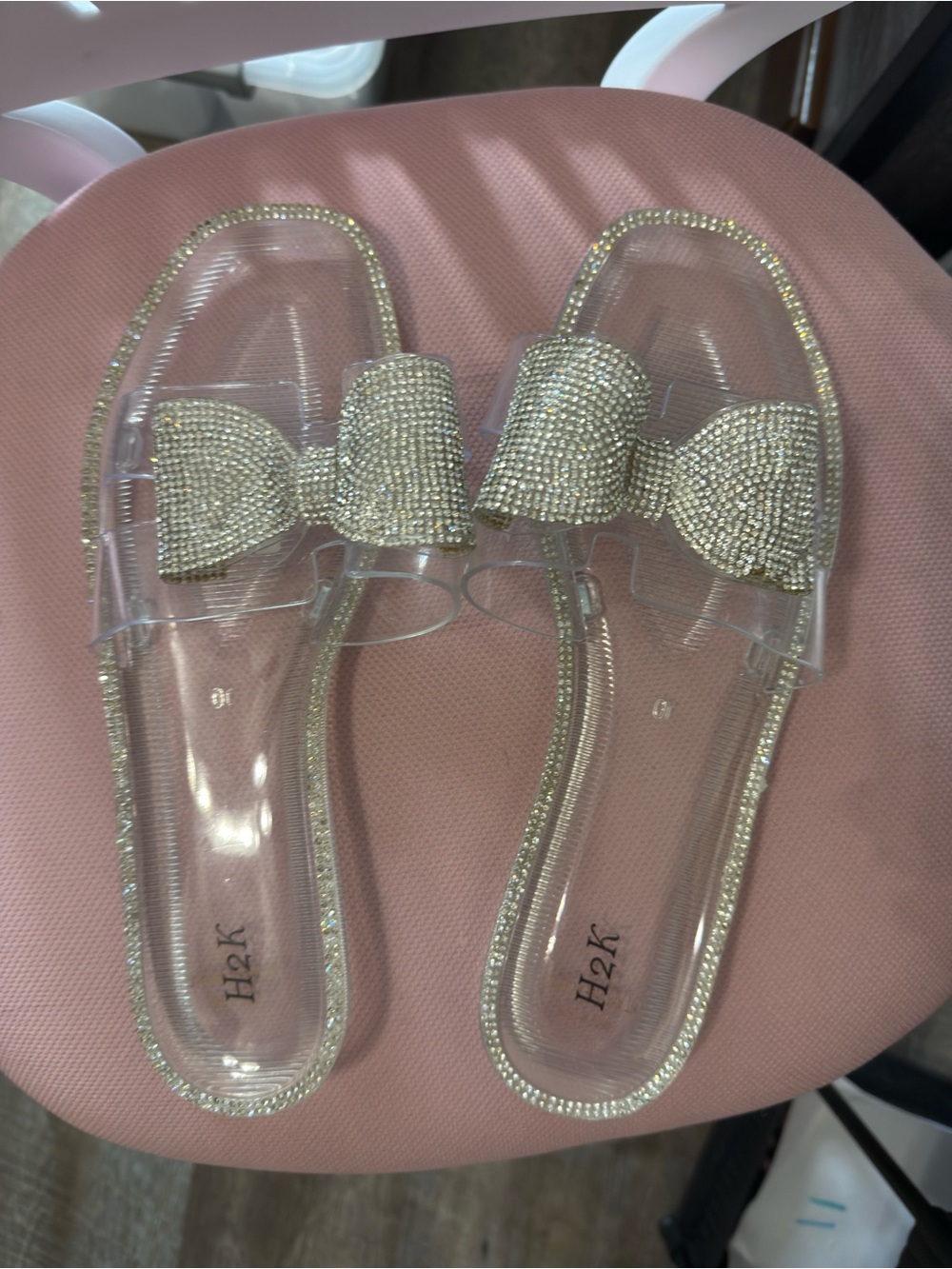 H2K Clear Slide Sandals with Crystal Bow — Silver Accent